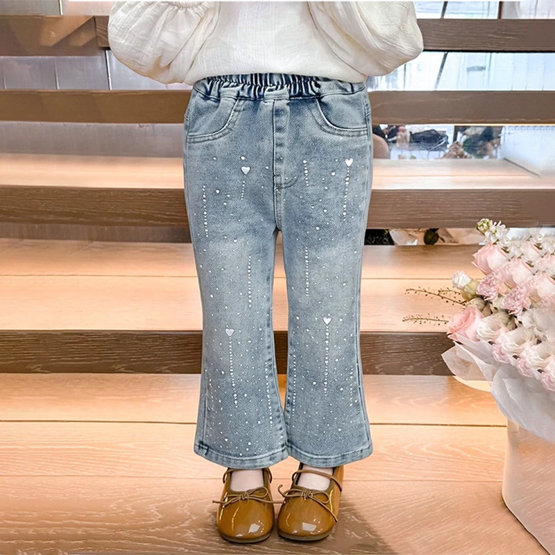 Girls' Jeans Spring and Autumn Washed Soft Denim Baby Girl Western Style All-Matching Bootcut Trousers Korean Style Children