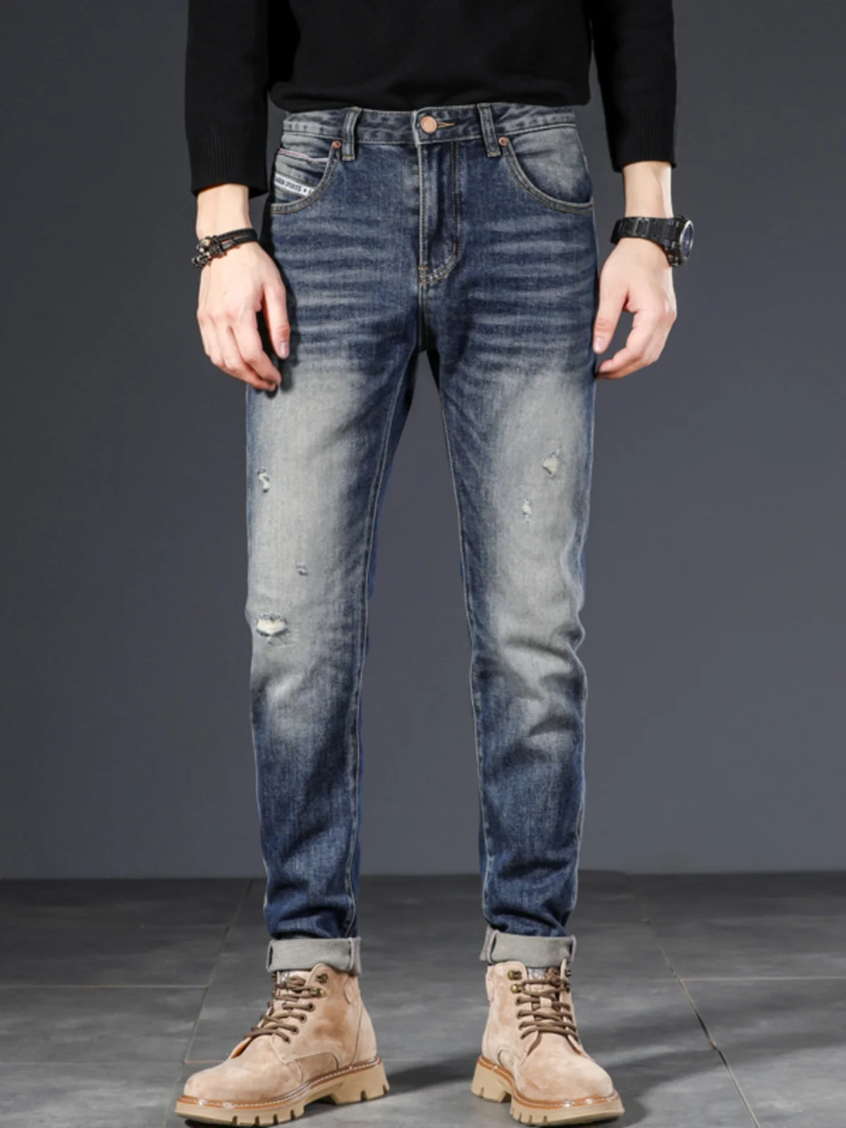 

High-End Retro Men's Denim Jeans Autumn Winter New Elastic European Version Slim Fit Long Pants Casual Sle mid Waist Zipper