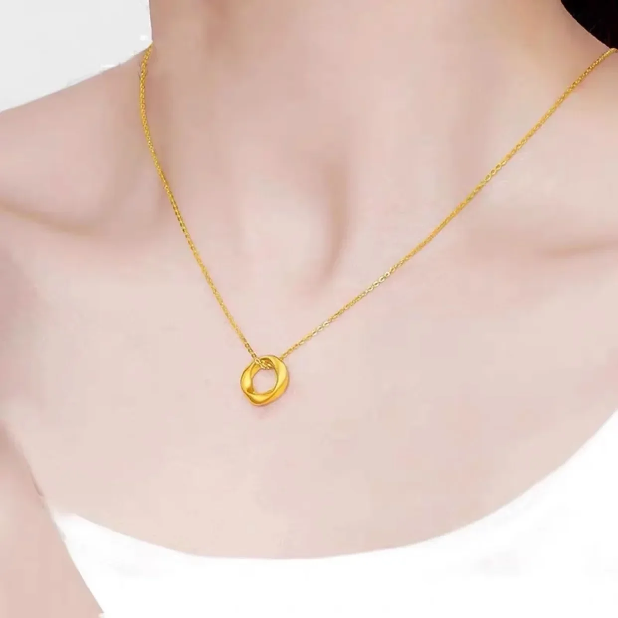 

999 Real Gold Mobius Strip Pendant Necklace, 24k Pure Gold Circle Pendants Clavicle Chain Fine Jewelry Gift for Women