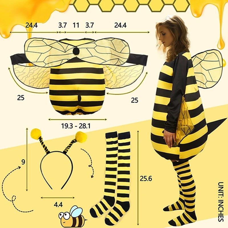 Disfraz de abeja de retazos a rayas para mujer, ropa de Halloween con calcetines hasta la rodilla y aro de pelo, para adultos