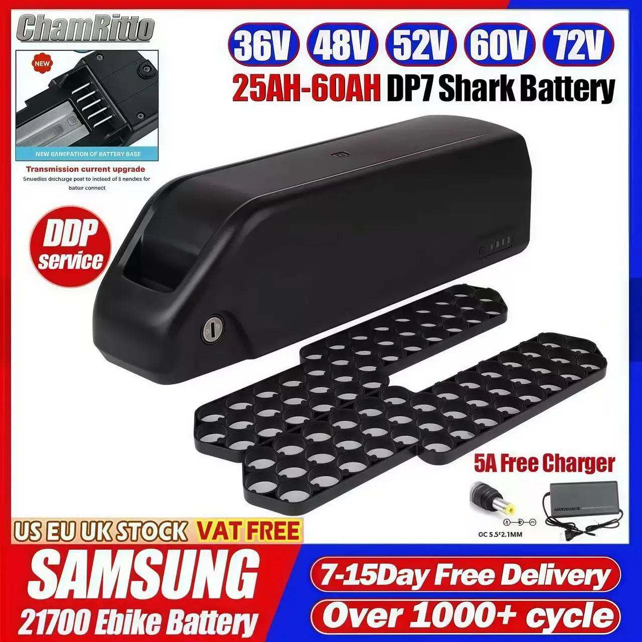 

EBike battery 36v48v52v 20/30/40/50/60ah Accu Elektrisch Voertuig Fiets PollyDP-7 Onderbuis 3000w Bafang 60V72V lithium batterij