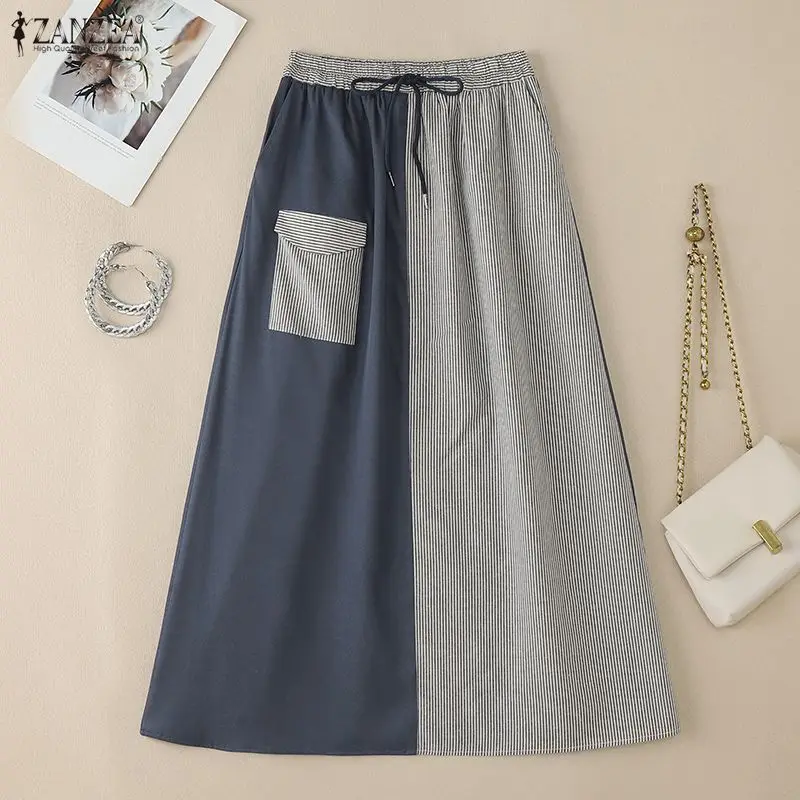 ZANZEA Vintage femmes Jupes longues automne taille haute décontractée taille élastique Midi Jupes Faldas Saia ample rayé Patchwork bas