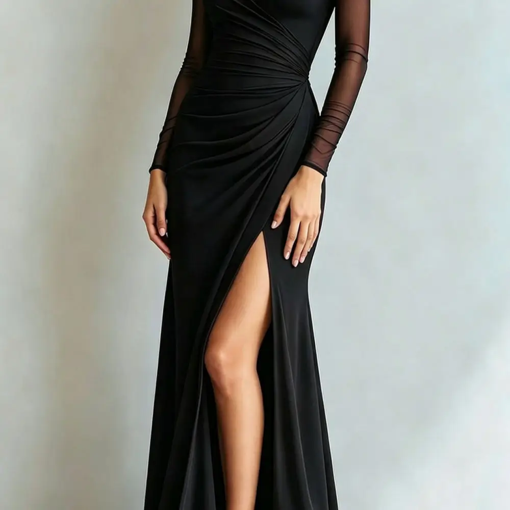 Elegant Evening Party Dress Women Slim Fit Pleated High Split Bodycon Long Sleeve Maxi Dresses Sophisticated Banquet Gown