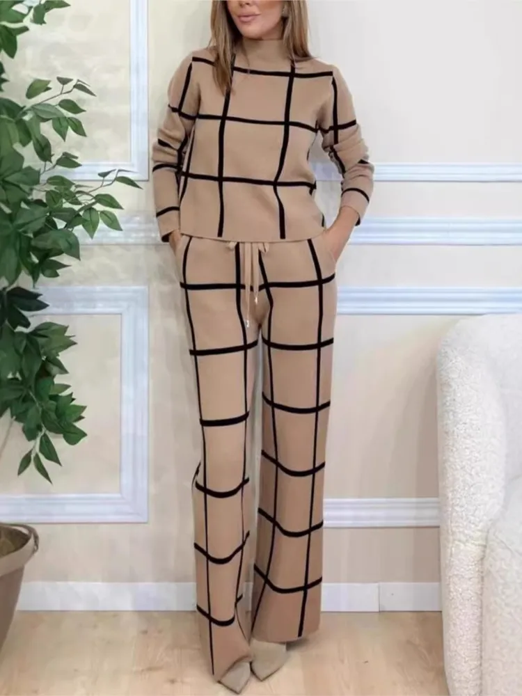 2 Piece Sets Outfit Workwear Elegant Plaid Print Top Long Pants Set For Women Office Wear Outfit With Half-high Collar Matching