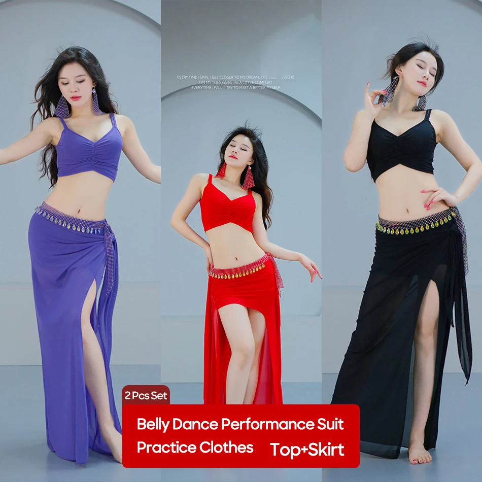 ชุดแสดงระบำหน้าท้อง เสื้อ+กระโปรง สำหรับผู้หญิง สายเดี่ยว แขนกุด ชุดเซ็กซี่สำหรับการแสดง เต้นรำ ชุดเต้น