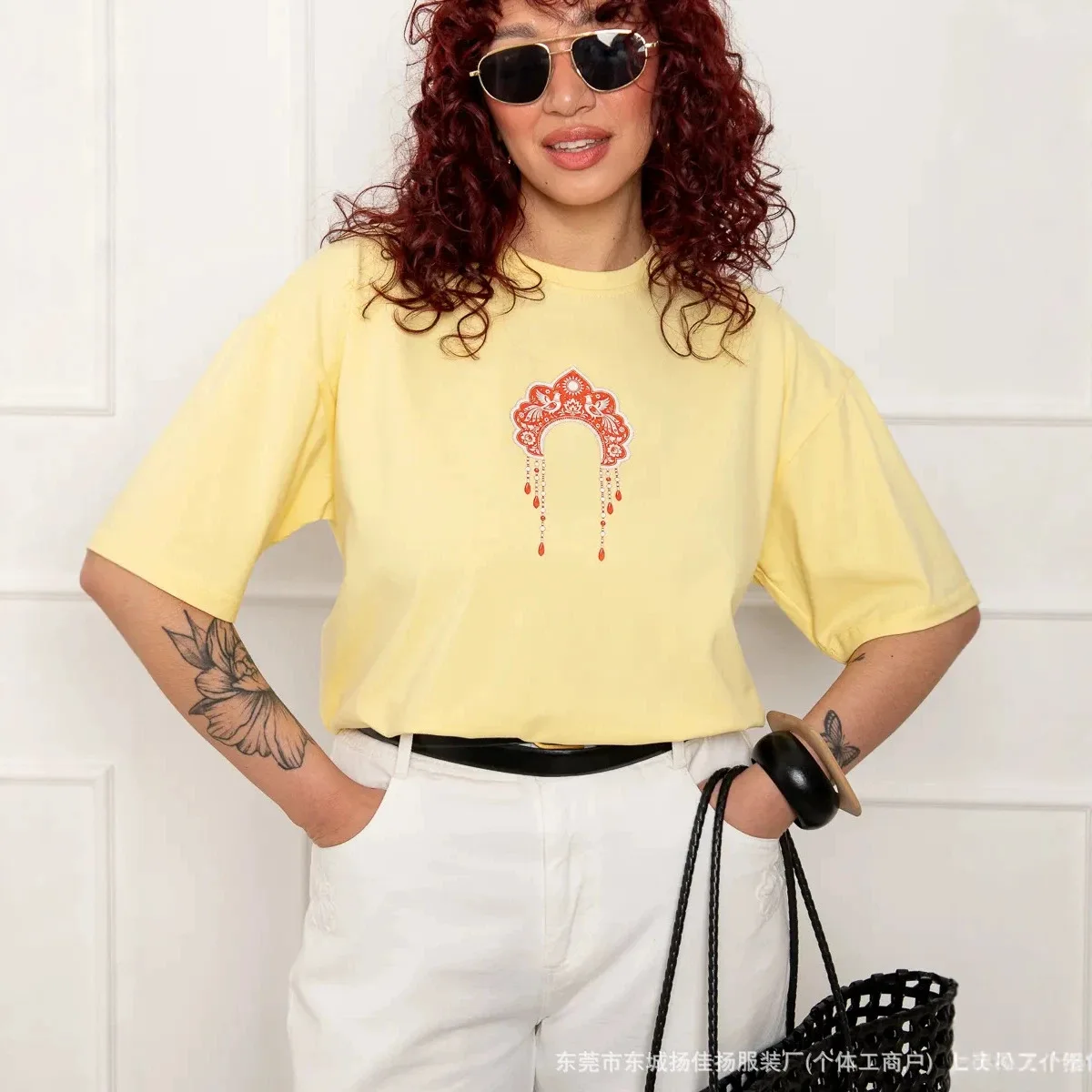 Fashion Russian Women's Yellow Oversized Cotton T-Shirt Russian Folk Kokoshnik Headdress Print with Bird Ornaments Casual Tee