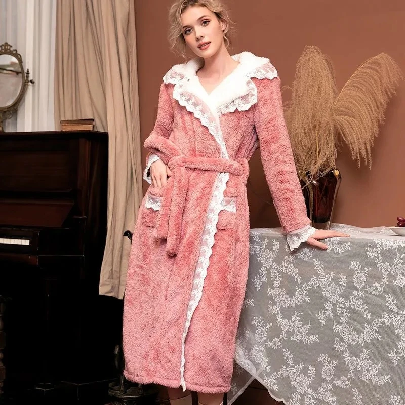 

Winter Lace Robes for Women Warm Soft Plush Sleepwear Red Nightgowns for Ladies Fleece Nightdress Kimono Hotel Bathrobe