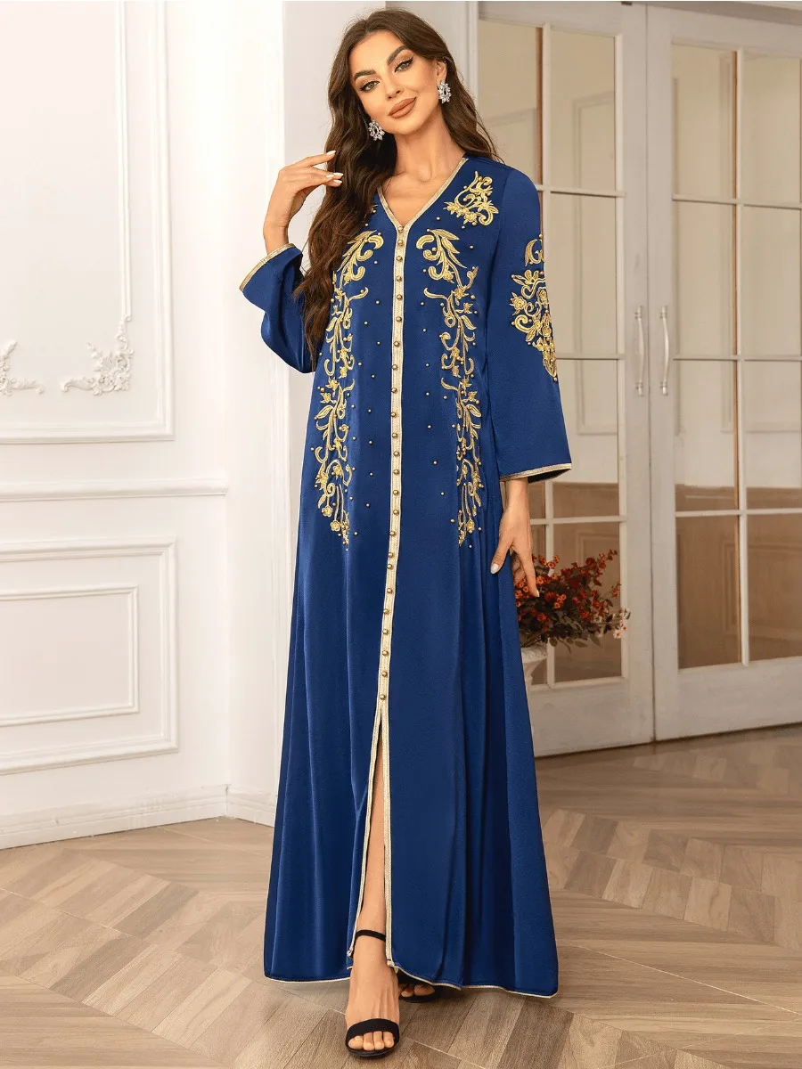 Eid Muslim Dress for Women Abaya Beading V Neck Lace-up Jalabiya Party Dresses Kaftan Vestidos Largos Long Robe Arab Dubai 2024