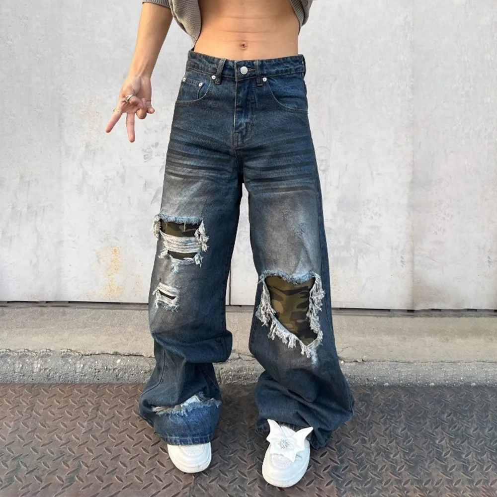 Summer New Men's Contrast Color Baggy Jeans Wide Leg Pants American Vintage Fashion Trend Street Hip Hop Niche Men's Bottoms
