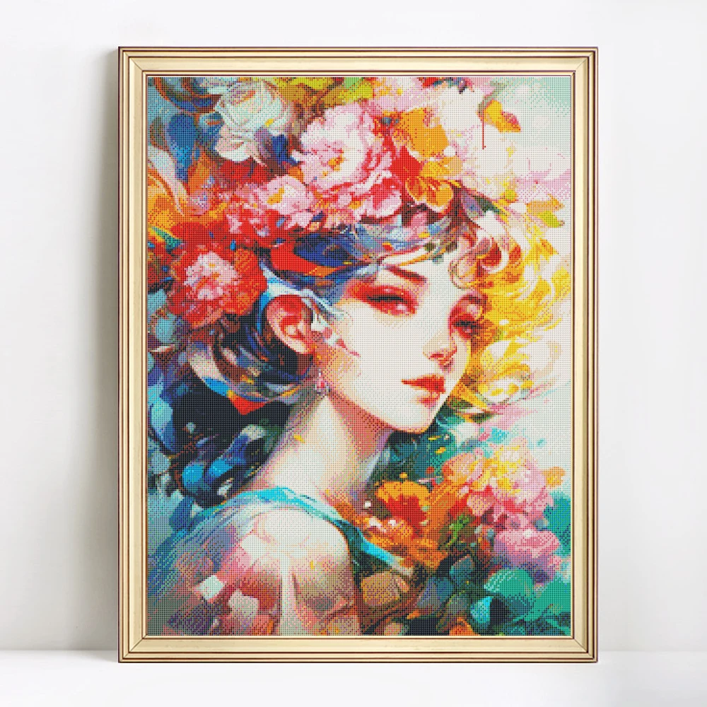 

HUACAN Cross Stitch Flower Girl Portrait Embroidery Woman Needlework Kits DIY Gift Home Decoration Printed Canvas 11CT 14CT