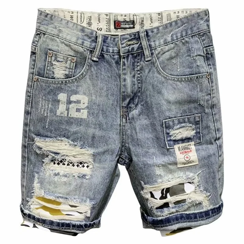 Men Summer Print Hole Torn Denim Shorts Korean Fashion Casual Five Piece Jeans Shorts