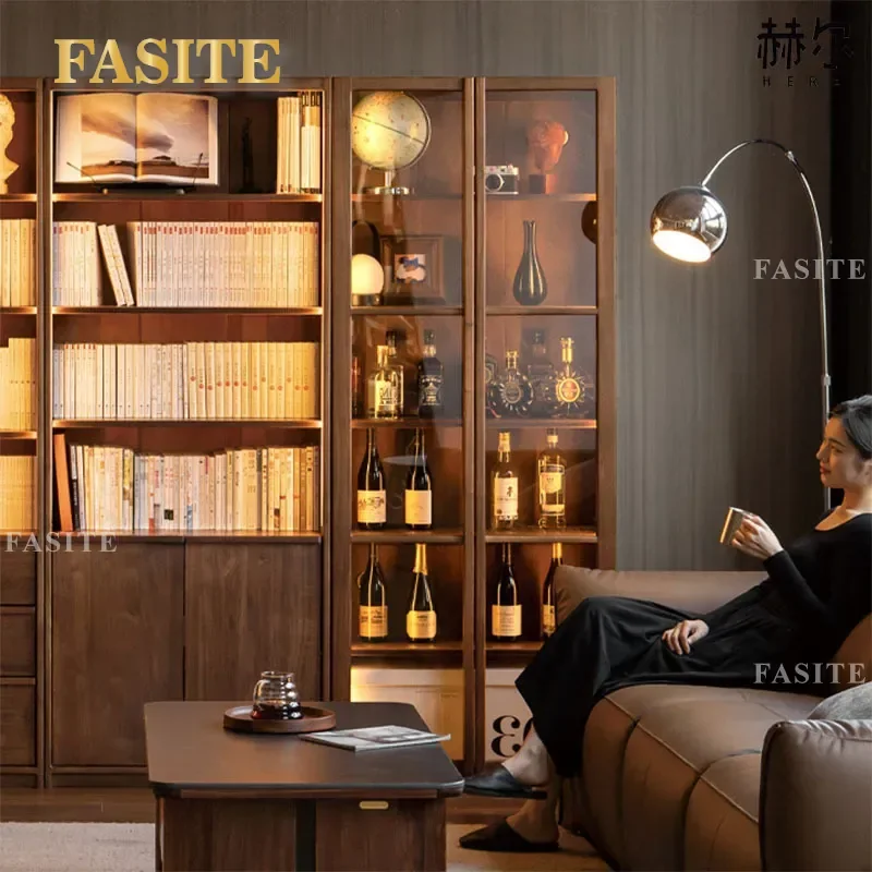 for Black Standard Solid Wood Bookcase Study Light Luxury Display Cabinet Household Storage Cabinet Black Walnut Storage