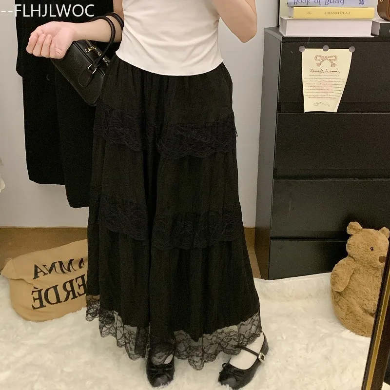 レイヤードレーススカート ロマンチックデート キュートガールズ オールマッチ服 女性 秋 春 透かし彫り フリル ブラックレース ロングマキシスカート