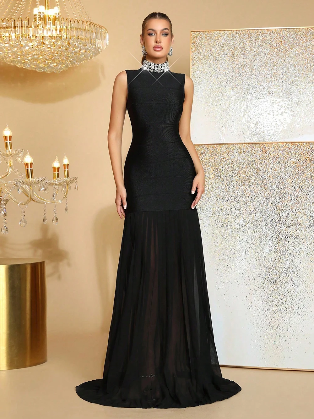 

Новое элегантное вечернее платье-футляр с воротником-стойкой и бриллиантовым декором, без рукавов, с пэчворком, для женщин, на день рождения, вечеринку, ужин, свадьбу, 2026 год