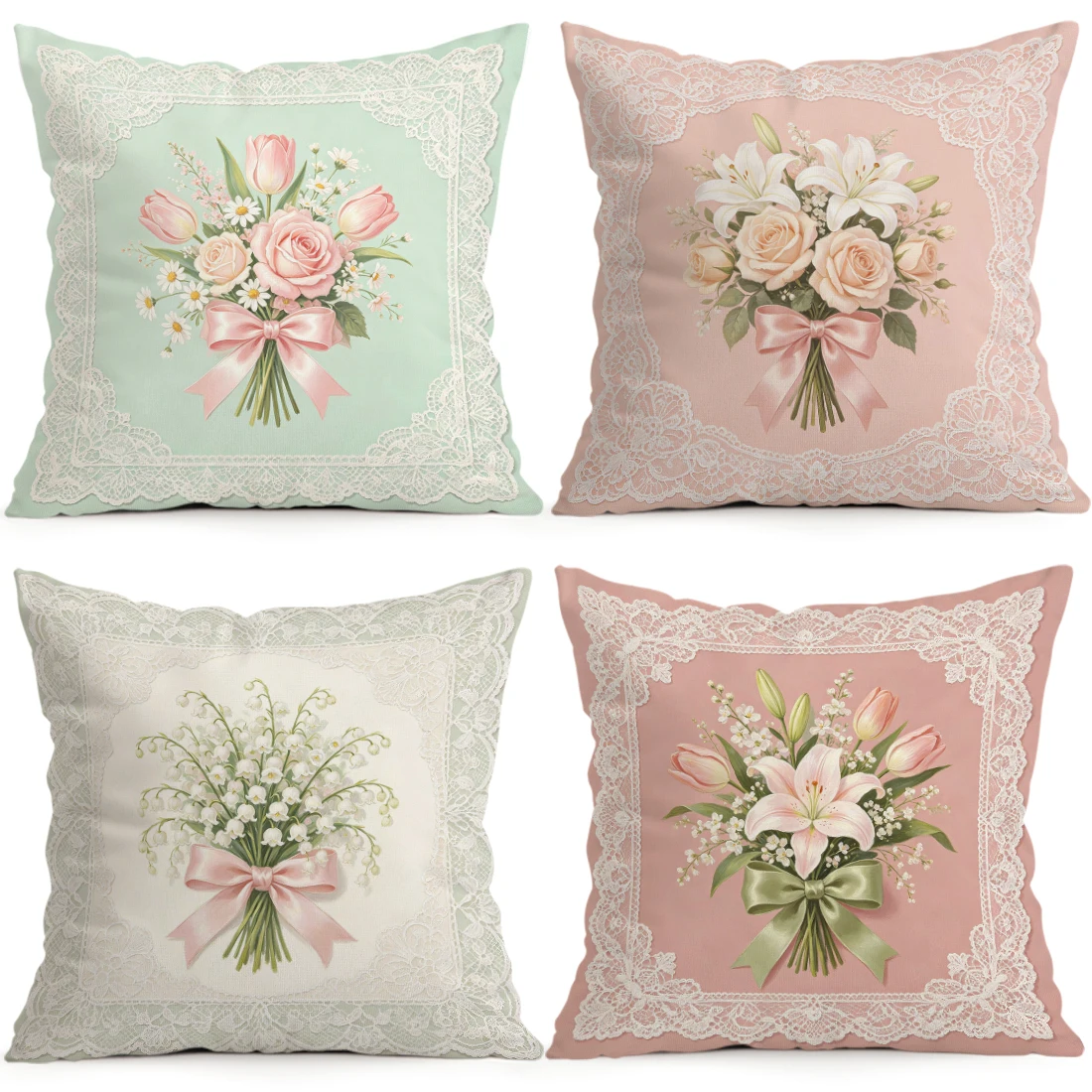 Lace Border Bouquet Pillowcase Printed Polyester 40/45/50cm Throw Pillowcover Decorative Sofa Cushion Pillowslip Home Decor