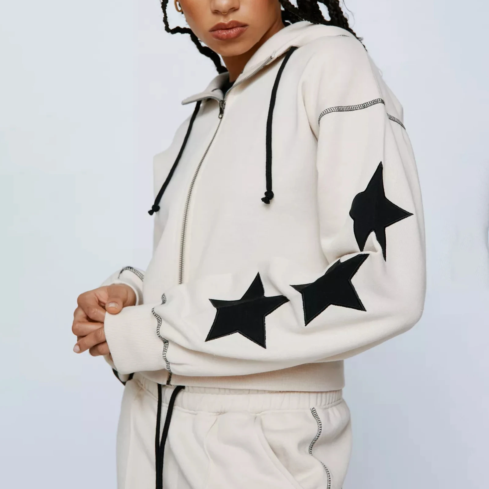 

Women's Fashion Short Hoodies Coat Long Sleeve Hooded Star Print Zip-up Sweatshirt Casual Cropped Jacket Outwear