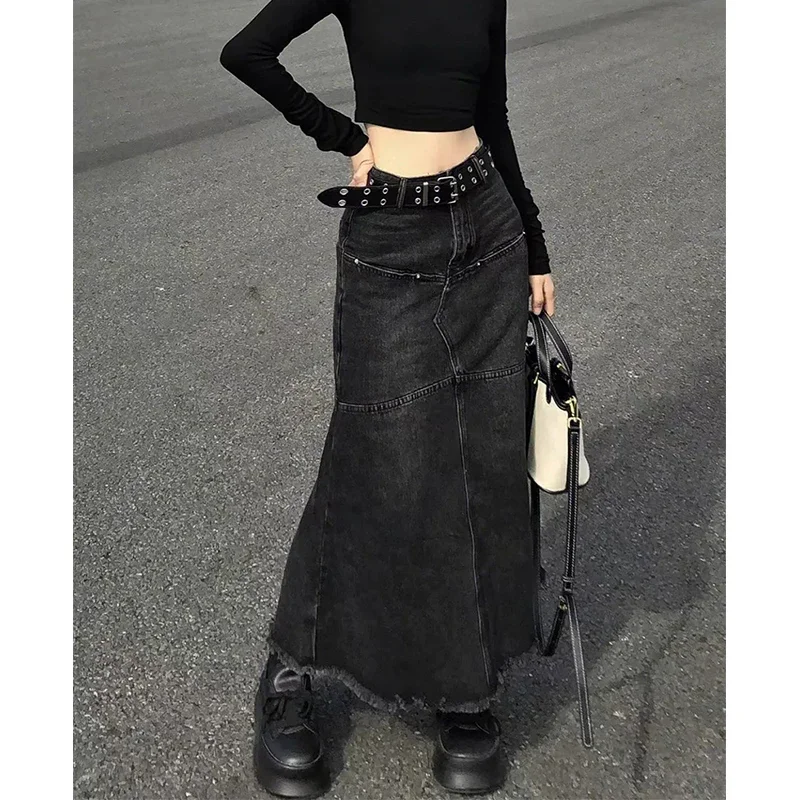 Y2K Vintage Denim Skirts Women Tassel Midi A Line Skirt Jeans Streetwear Korean High Waist Raw Edge Slim Casual Mermaid Skirt