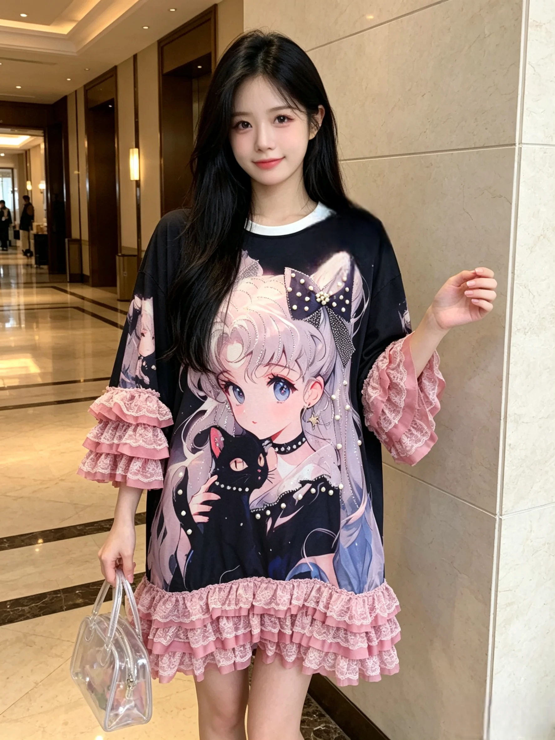 Japanese 2D Cartoon Printed Loose Short Sleeve T-shirt Women New Summer Subculture Elegant Lace Splicing Mid-long Tees Dress
