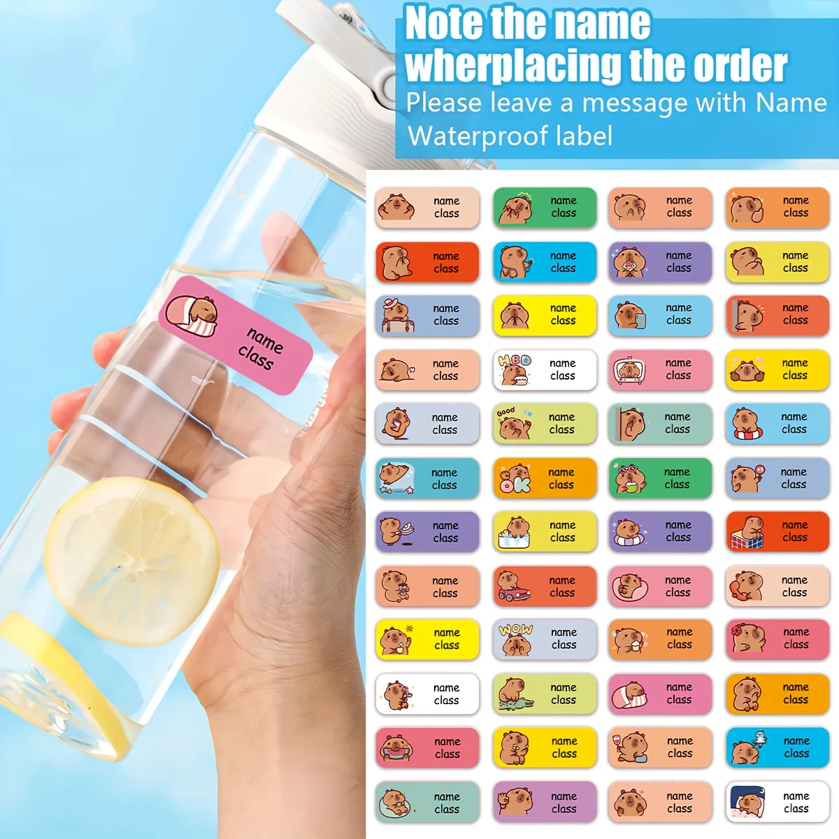 Personalized Label Stickers for Kids, Custom Capybara Name Stickers for Water Bottles and Children's School Stationery, Waterpro