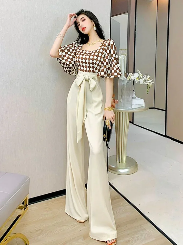 Trousers Woman Summer 2024 Lattice Black Shirt Blouse and Pant Sets for Women 2 Pieces Cheap Outfit Korean Style Top Bottom Xxl