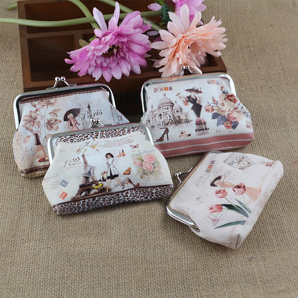 Women Coin Purse Cute Flower Printed Kiss Lock Faux Leather Mini Ladies Small Wallet Clutch Bag Girl Gift monedero