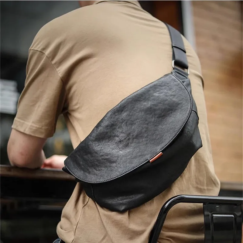 PNDcloser-Sac à bandoulière en cuir véritable pour homme, sac de poitrine noir, sac à bandoulière en cuir naturel doux, mode extérieure de luxe,