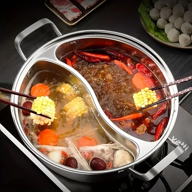 

Stainless Steel Double-Compartment Thickened Design Household Hot Pot, Suitable for Induction Cookers, Chinese Style Hot Pot with Dividers for Separate Flavors, Shabu-Shabu Food-Grade Stainless Steel Chinese Double-Sided Pot Set