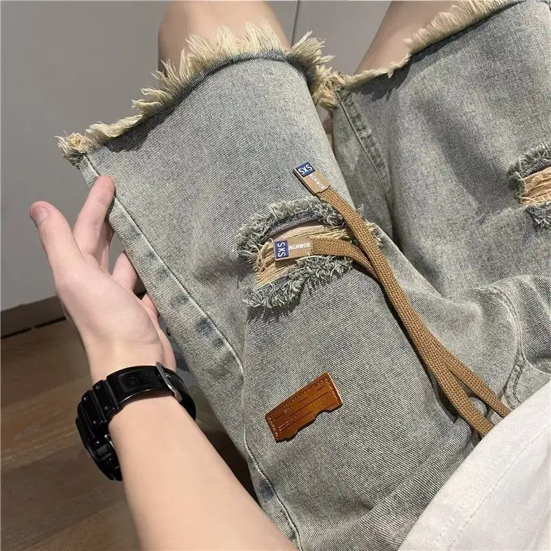 American high street retro raw edge ripped denim shorts men's summer thin fashion brand trend handsome five point pants y2k tops