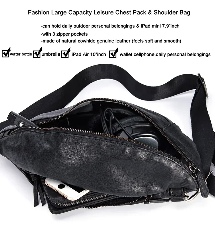 Fashion Genuine Leather Men\'s Chest Pack Shoulder Bag Messenger Sling Bag Small Leisure Bag Crossbody Black M129