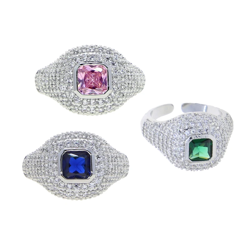 Pinky Finger Ring For Women Open #4 Micro Pave CZ Green Pink Blue Stone Geometric Square Shaped Little Finger Jewelry