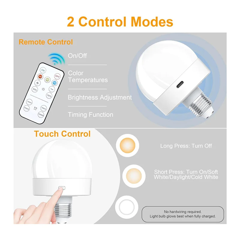 ABLG 4X Rechargeable Battery Operated Light Bulbs, 300LM E26 Screw In Light Bulb For Lamps With Remote Control Dimmable&Timer