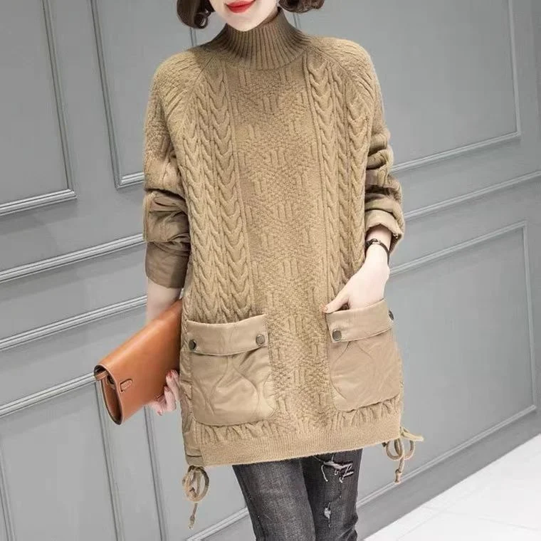 

Sweater 2023 Autumn Winter Casual Loose Spliced Pockets Half High Neck Pullovers Korean Fashion Knitted Long Sleeve Jumpers T317