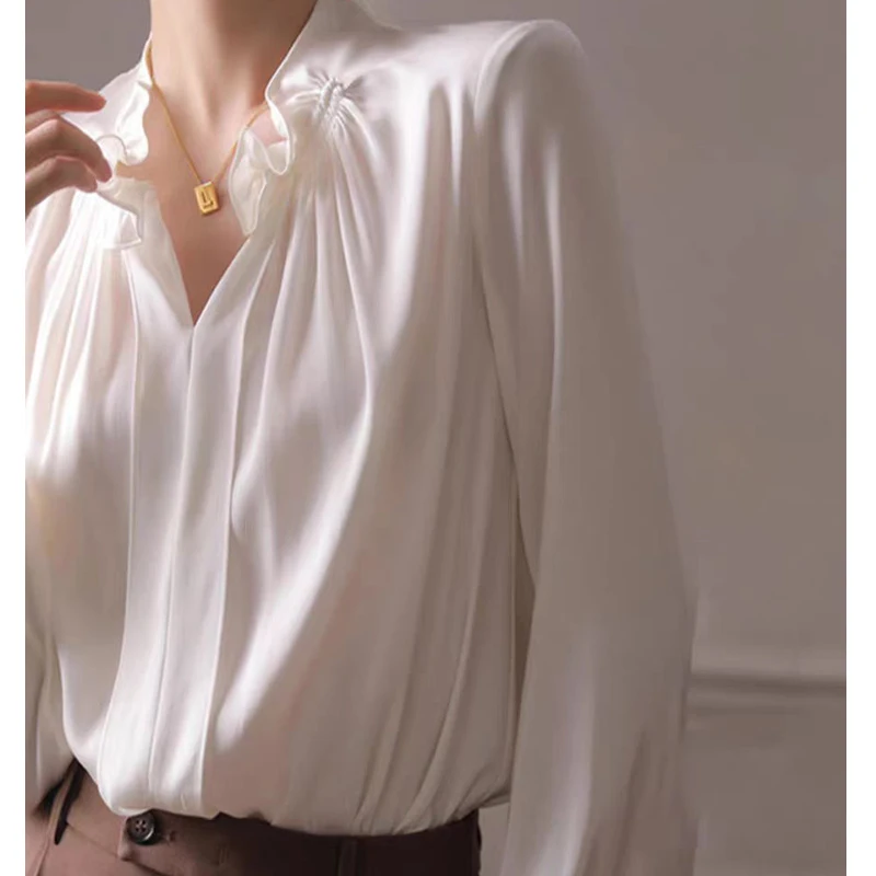 EVNISI Woman Elegant V-neck White Blouse Casual Long sleeved Office Shirt Loose Chic Party Pullover Tops For Woman 2024 Spring