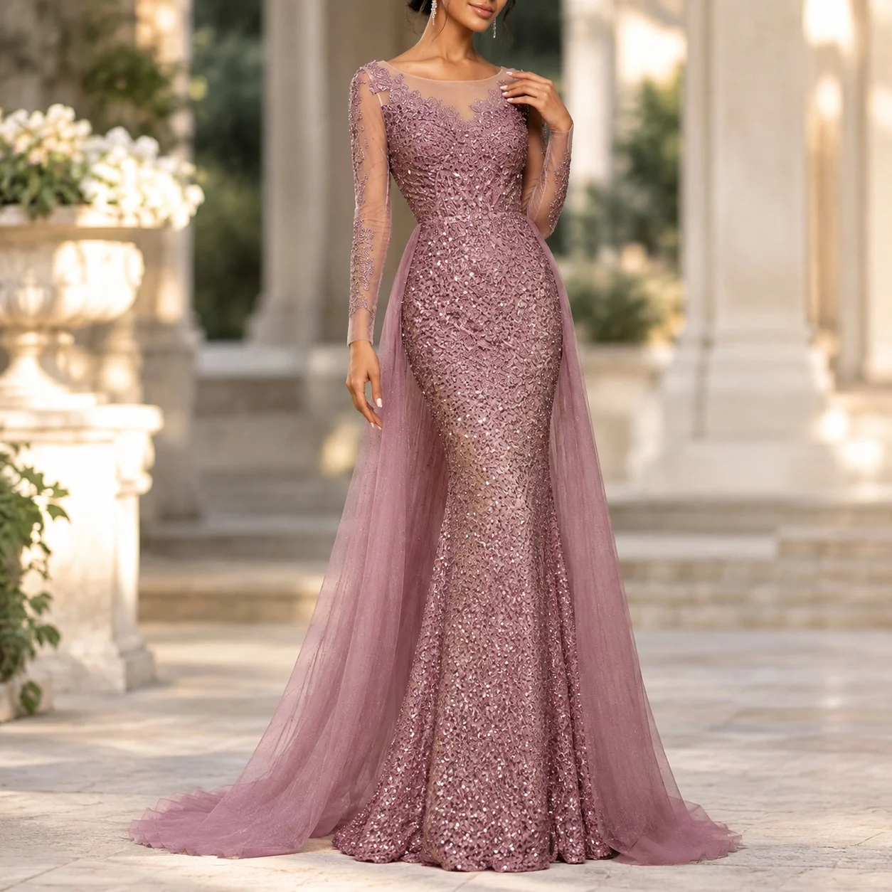 Tie Dye Party Gown Maxi Length Elegant with Elegant Style Party Dress Mid Waist Deep V Neck Long Sleeves Summer for Women