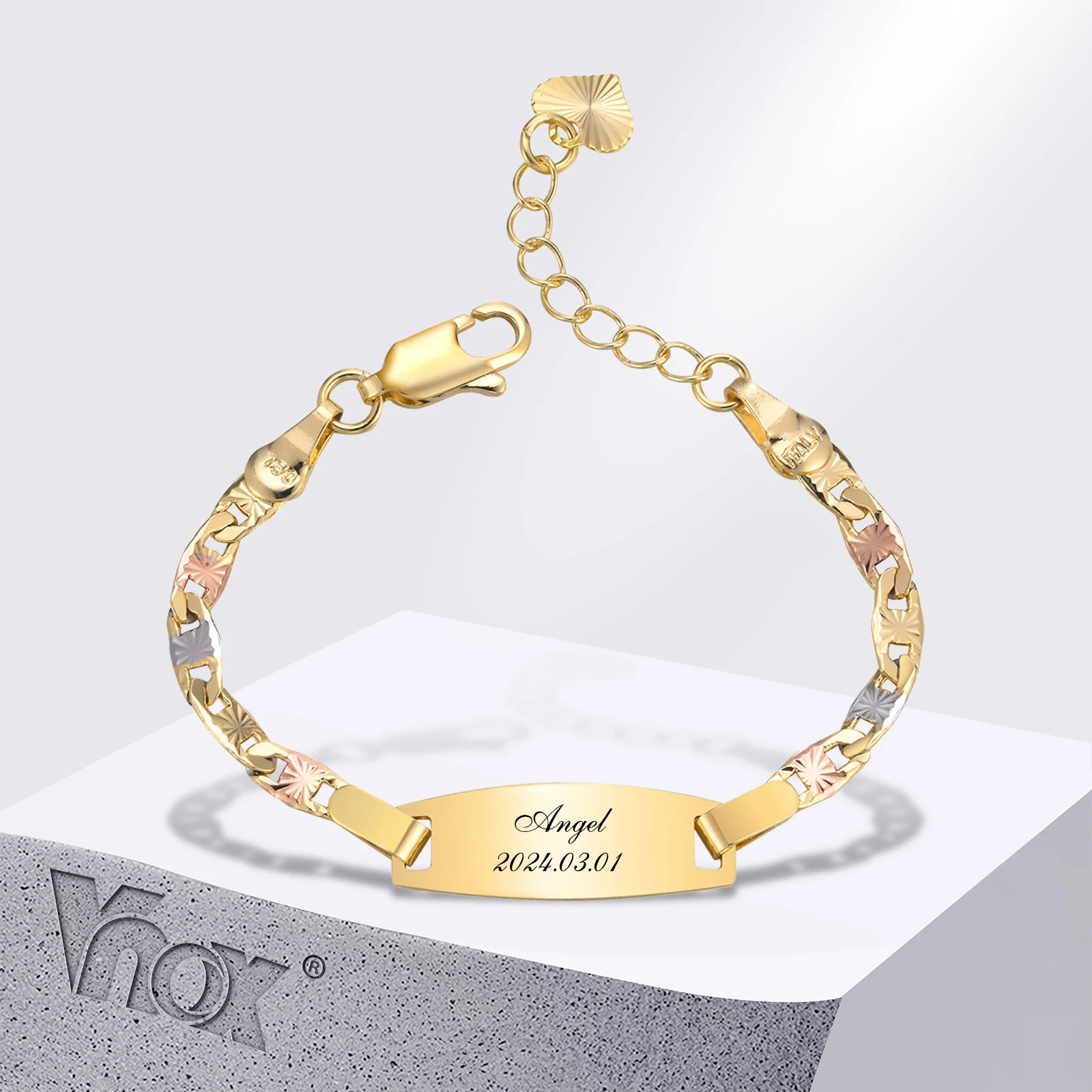 Vnox Free Custom Baby Bracelets for Newborns Girls Boys, 3 Tones Gold Plated Copper Bracelets, Anti Allergy Jewelry Gift