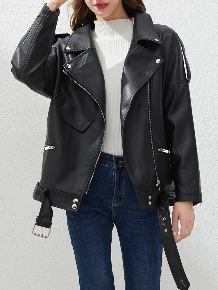 Ailegogo Spring Autumn Women Loose Black Pu Faux Leather Jacket Streetwear Motorcyle Biker Female Belt Zipper Coat Outwear