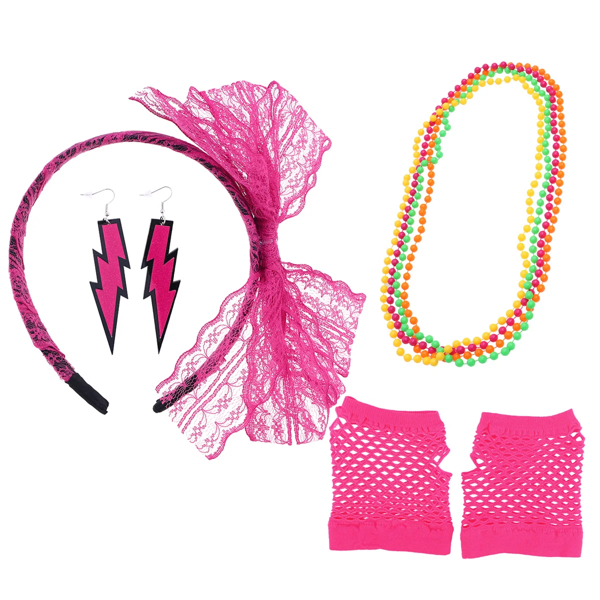 Set di Accessori per Costume Anni '80 Serie Rosy, Orecchini Neon, Fascia per Capelli in Pizzo, Guanti a Rete, Collana per Feste Anni '70, Halloween, Discoteca
