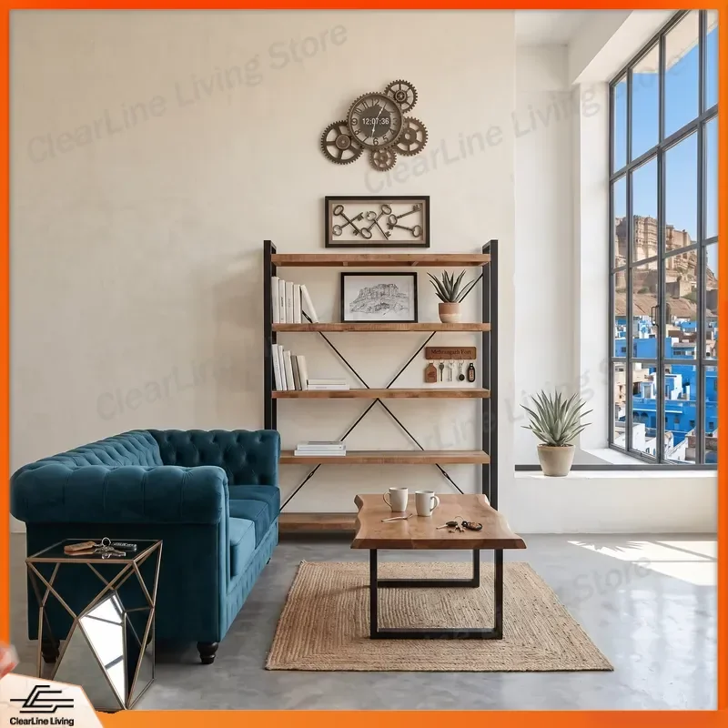 Modern Luxury Mango Wood Bookshelf Industrial Metal Open Display Stand Living Room Home Furniture Storage Rack Shelf Unit