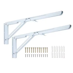 2 Pieces Heavy Duty Wall Mounted Shelf Brackets - 50CM Sturdy Folding White Metal Triangle Table Bench Folding Shelf Bracket