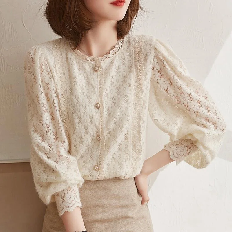 Woman Spring Autumn Style Lace Blouses Tops Lady Casual Long Lantern Sleeve Stand Collar Blusas Tops SP1529