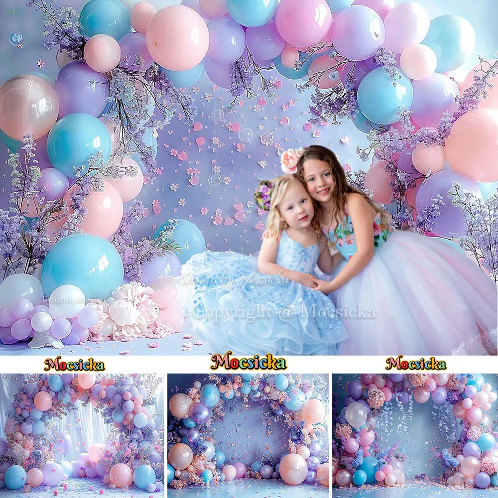 

Princess Floral Girl Birthday Party Background Banner Purple Pink Balloon Door Dried Flower Backdrop Kids Girl Cake Smash Studio