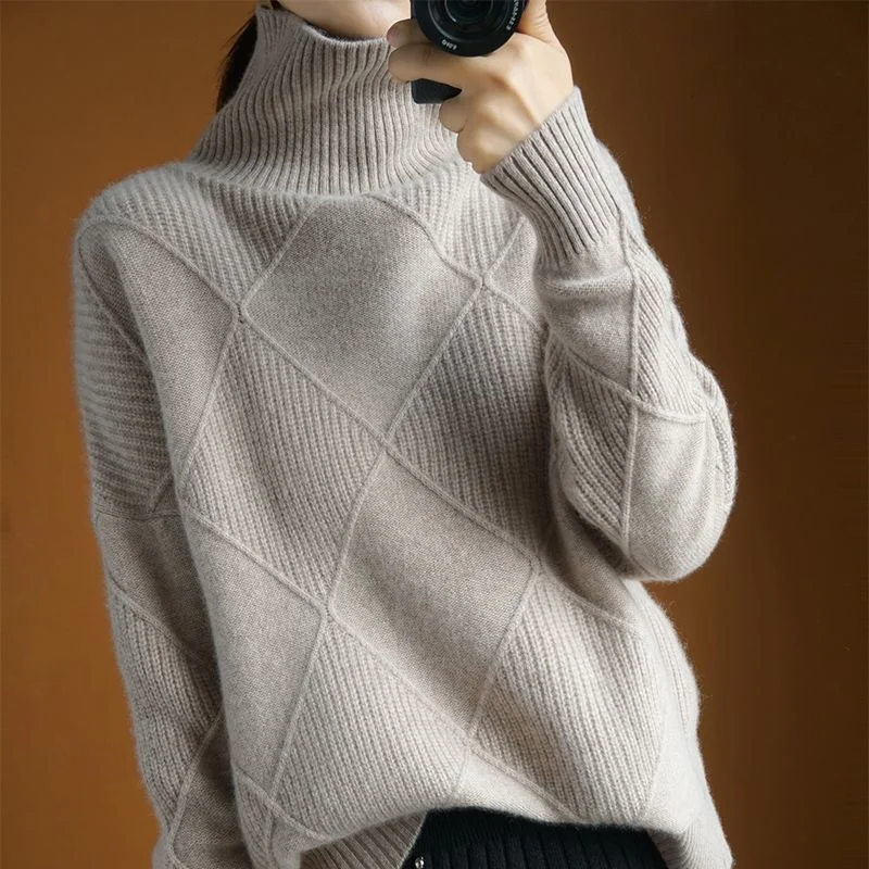 Turtleneck 2023 New Cashmere Sweater Women Pure Color Knitted Pullover Loose T346