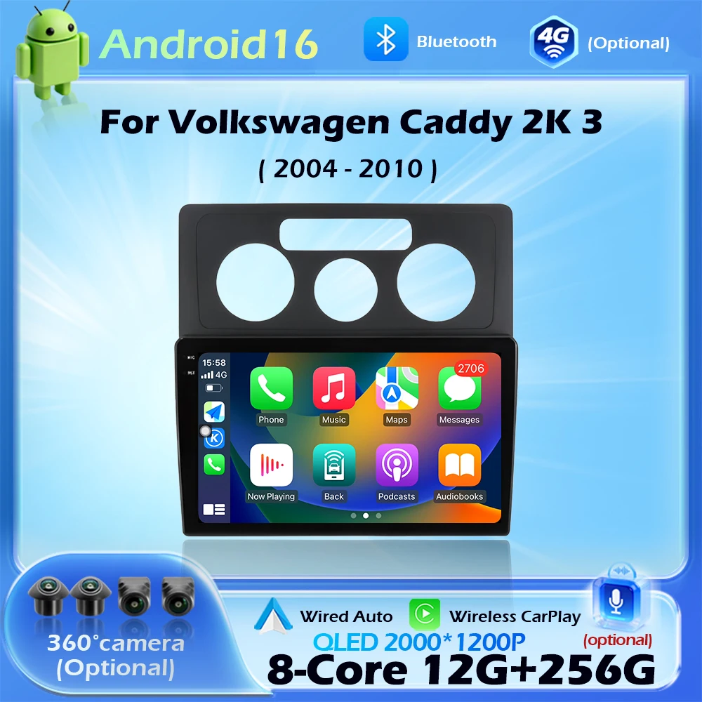 Wireless CarPlay Android 16 for VW Volkswagen Caddy 2K 3 2004-2010 Car Radio Multimedia Navigation GPS DSP Stereo 10inch Screen