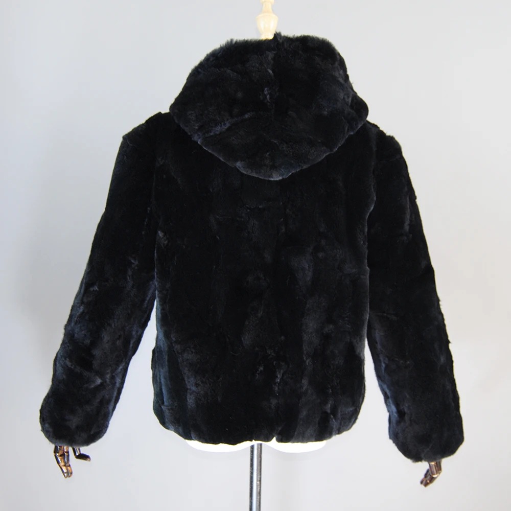 New Fashion Winter Medium Warm Thick Genuine 100% Natural Real Rex Fur Coat Women Hooded Outerwear Whole Style Slim Jacket Cap