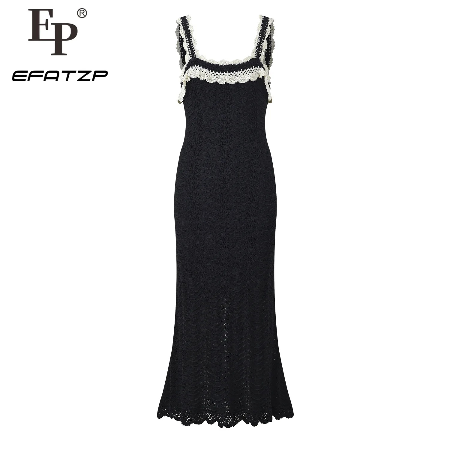 

Black Knitted Dress Women's 2024 Summer Hollow Out Sleeveless Fashion Suspenders Maxi Dress