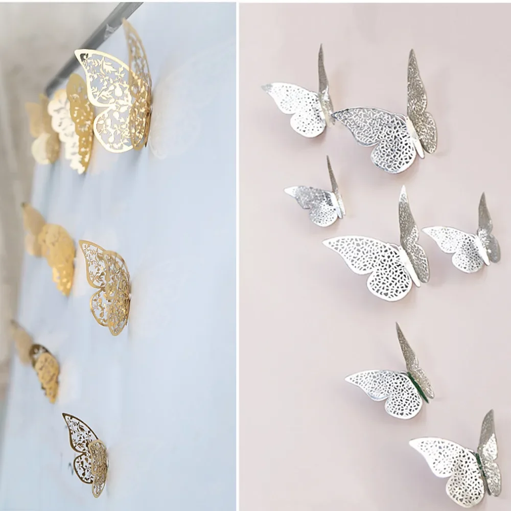 12PCS Hollow Cut 3D Butterfly Wall stickers Fansy Acrylic Flower Cutting Mirror Butterfly Sticker DIY Room decoration