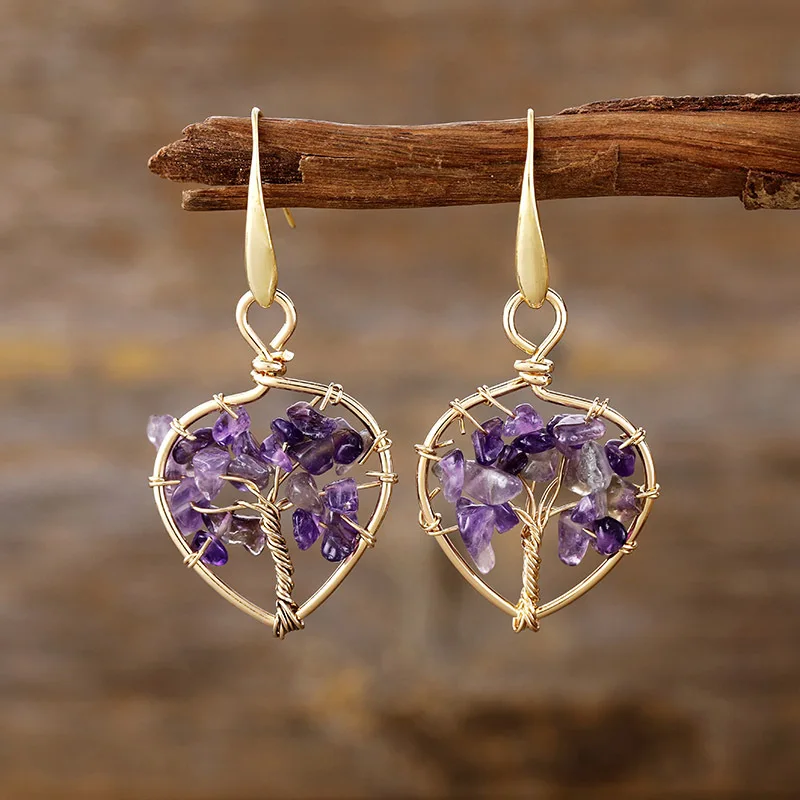 2026 New 7-Color Bohemian Vacation Style Natural Crystal Tree of Life Earrings European and American Popular Accessories