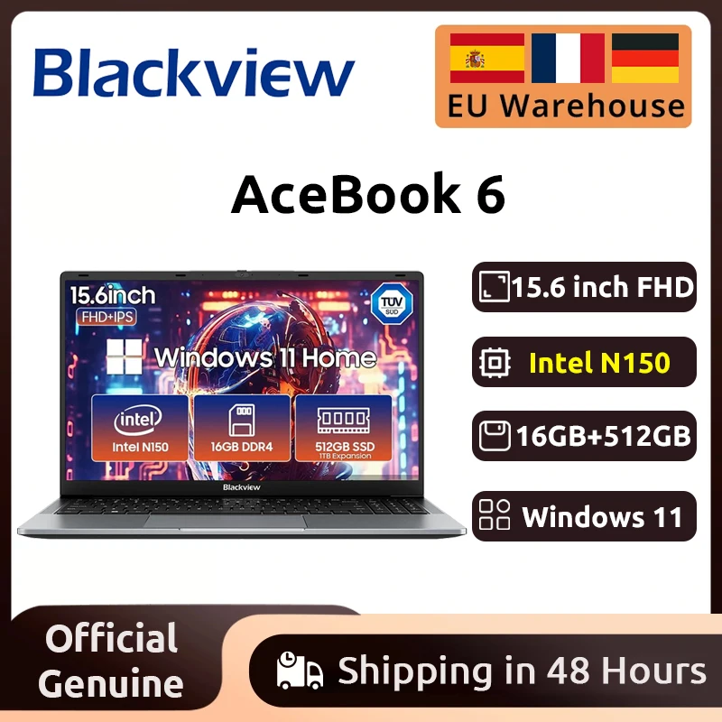 كمبيوتر محمول Blackview AceBook 6 بشاشة 15.6 بوصة FHD + IPS Intel Twin Lake N150 CPU 16GB DDR4 512GB SSD 36Wh بطارية Windows 11 Notebook