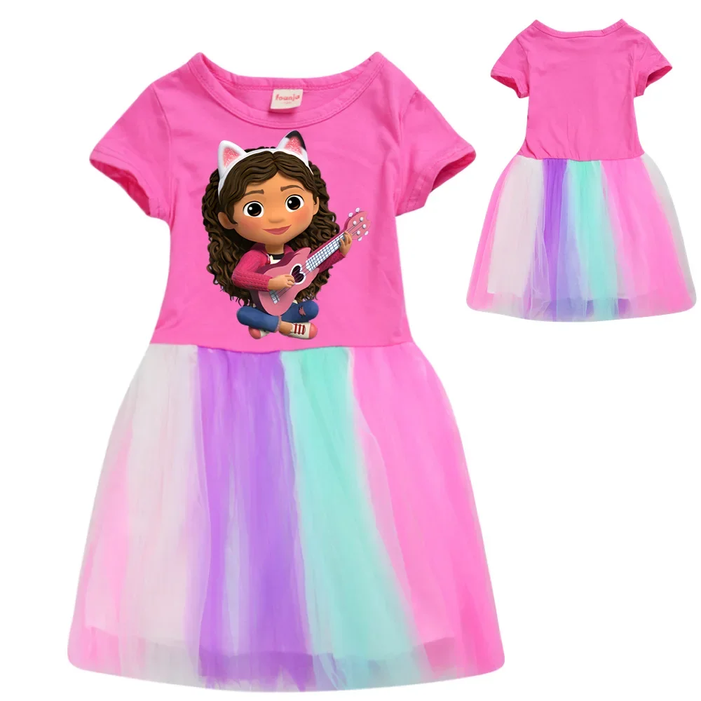 Gabby Doolhouse Clothes for Baby Girls Summer Short Sleeve Dresses Kids Cartoon Gabby Cats Dress Children Lace Princess Vestidos