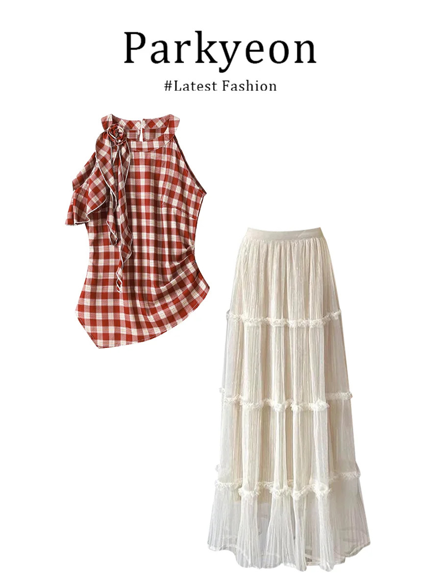 

Summer Outfit High Waist Plaid Halter Neck Vest And Skirt Set Women's Casual Fashion Ensemble High Waist Midi Skirt